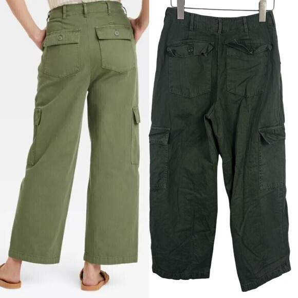 Target Women Size 2 Wide Leg High Rise Green Cargo Ankle Pants Trouser Cotton - Picture 11 of 11